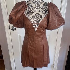 Fashionova NWT vegan leather Brown Puff Sleeve Dress